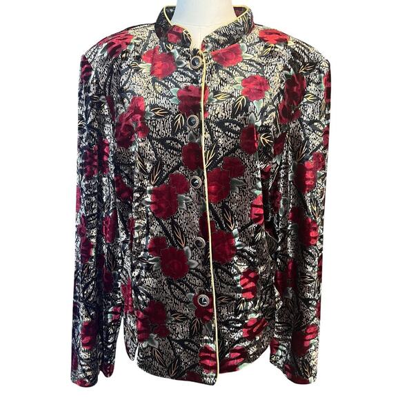 R&K Vintage Evening Black/Red/Gold Velour Feel Button Down Women's Top.  Size 18 - Picture 1 of 8